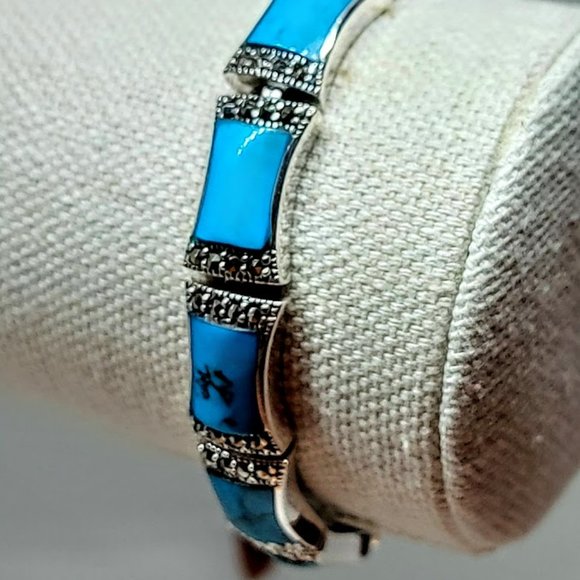 Stabilized Turquoise 11x7mm & Marcasite 925 Sterling Silver Bracelet 7" - Picture 4 of 11